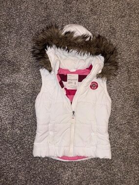 Y2K Aeropostale White Puffer Vest with Stripes and a Faux Fur Hood